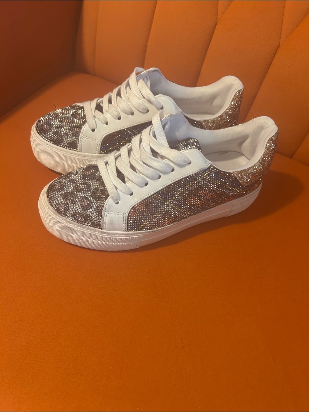 Betsey Johnson White Sneakers with Rose Gold Glitter